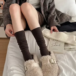 Deep brown wool knit slouch socks for women, thick warm ribbed texture for autumn winter