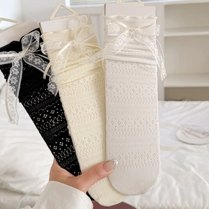 Women Lace Crew Socks Hollow Out Mesh Breathable Sweet Ribbon Bow Balletcore Lolita Style Retro Elegant Fashionable