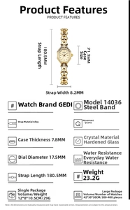 Detailed dimension guide for GEDI octagonal gold watch with case size and strap length