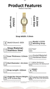 Detailed size parameters of the gold square dial watch with mesh stainless steel strap