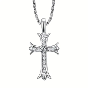 S925 silver cross pendant necklace with cubic zirconia and gothic wheat chain detail