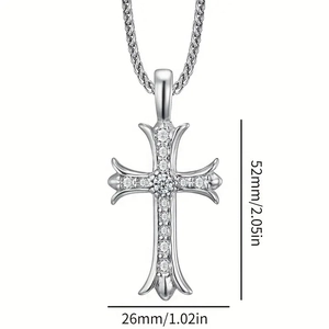 Detailed view of silver cross pendant with clear cubic zirconia and dimensions