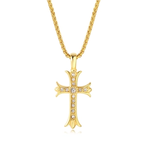 Detailed view of gothic golden cross pendant with sparkling zircons and box chain