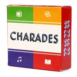 Detailed view of the colorful Charades board game packaging box with thematic icons