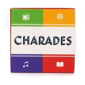 Macro view of Charades game box showing TV, film, music and book categories