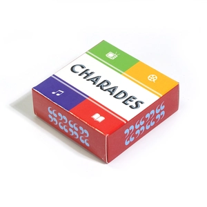 Three-dimensional view of Charades board game box with colorful icons for party play