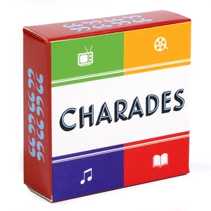 Colorful Charades card game box for family parties featuring four category icons