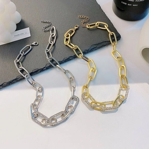 Gold and silver chunky link chain necklace with crystal pavé and lobster clasp