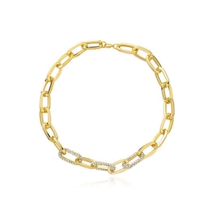 Gold chunky chain link necklace with glittering pavé diamond crystal accents for women