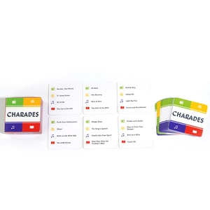 Detailed spread of English Charades game cards and packaging box on a white background