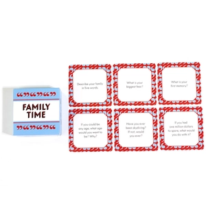 Detailed view of Family Time interactive card set with blue box and white prompt cards