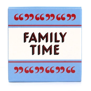 Front view of Family Time blue game box featuring bold typography and clean design