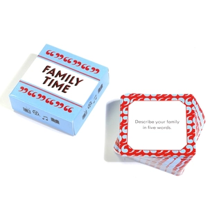 Detailed view of Family Time card game box and cards with English interactive prompts