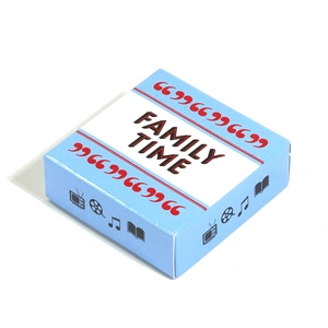 Detail of blue and white Family Time game box featuring classic multimedia icons and typography