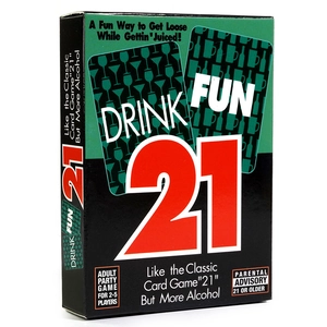 Detail of Drink Fun 21 party card game box showing 2-5 player info on white background