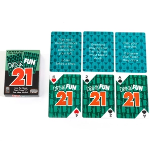 Close-up of DRINK FUN 21 cards showing gameplay rules and drinking challenges