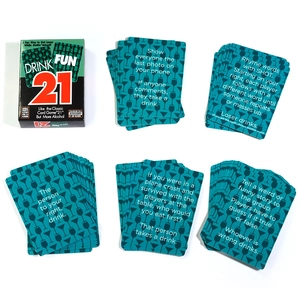 Detail of DRINK FUN 21 adult party card game showing box and turquoise instruction cards