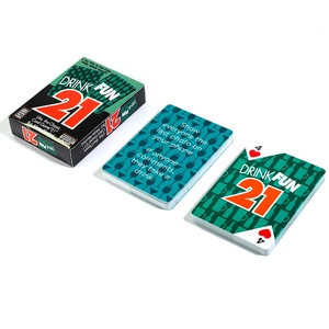 Detail of DRINK FUN 21 party card game set with green packaging and game instructions