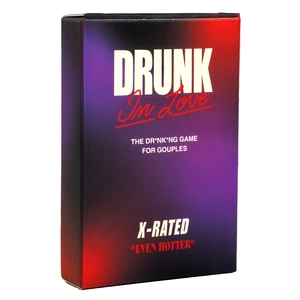 Close-up of Drunk In Love party game box with Truth or Dare cards for couples