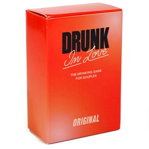 Front view of Drunk In Love drinking game for couples card box on white background