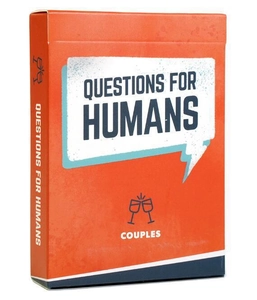 Detail view of Questions For Humans Couples game box with orange and white design
