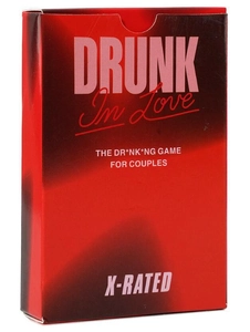 Side view of the Drunk In Love party card game box for couples with red and black design