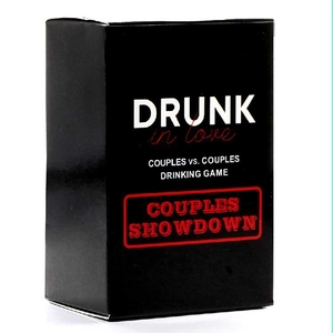 Front view of Drunk in Love matte black packaging for Couples Showdown drinking game