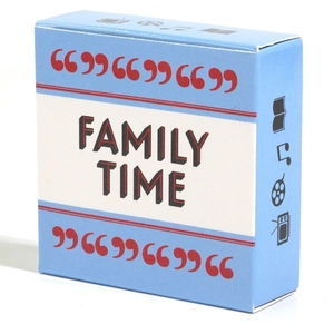 Family Time Truth or Dare card game set in a blue box with various entertainment icons