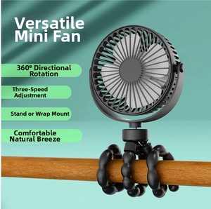 Mini octopus fan with flexible tripod wrapped on wood bar for strollers and camping