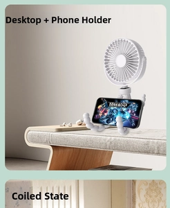 Portable white octopus tripod fan used as a desktop phone stand for camping and home