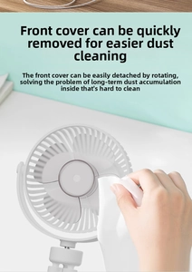 Close-up of a white USB mini fan with a removable front cover for easy cleaning