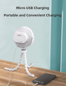 Detail view of mini octopus tripod fan with Micro USB charging port on a wooden table