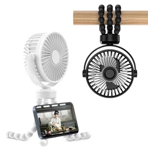 Octopus tripod fan with flexible legs showing phone holder and hanging utility