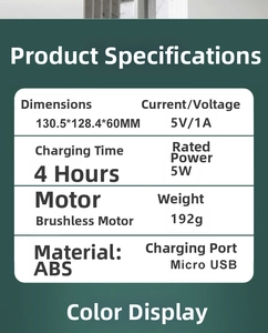 Technical specifications of the portable 5W mini fan showing weight, motor, and ABS material
