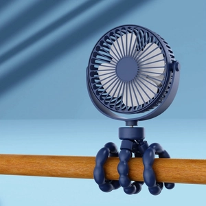 Portable navy blue octopus tripod fan for baby strollers on a blue background