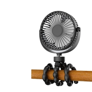 Portable mini octopus fan with flexible tripod wrapped around a wooden pole for camping