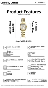 Detailed specifications of small square quartz watch with golden stainless steel band