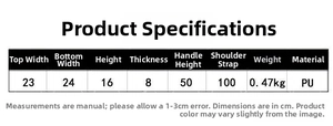 Detailed size chart showing dimensions and specifications for the vintage PU leather handbag