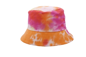 Detail view of cotton bucket hat featuring vibrant pink and orange tie-dye and stitched brim