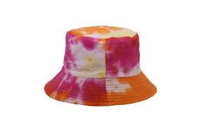 Close-up of tie-dye bucket hat featuring vibrant orange and pink gradient stitching details