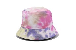 Detail of vibrant pink and purple tie-dye bucket hat with clean stitching and cotton texture