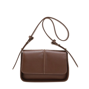 Retro brown leather crossbody bag for women with flap design and vertical stitching