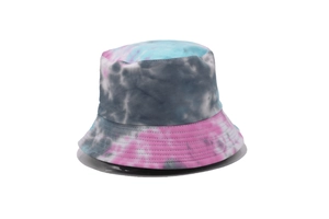 Close-up of blue and pink tie-dye bucket hat featuring multi-row reinforced brim stitching