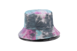 Close-up of pink and blue tie-dye bucket hat with parallel stitching on the brim