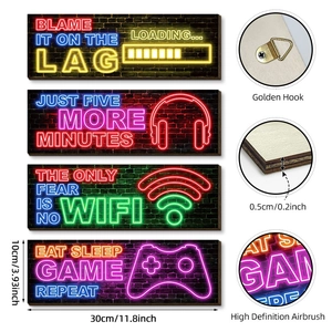 Lot de 4 plaques murales gaming style néon, panneaux bois manette pour chambre d'ado