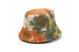 Detail of colorful tie-dye bucket hat with durable stitching and cotton twill texture