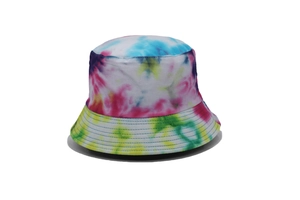 Detail of colorful tie-dye patterns and durable canvas texture on a stylish bucket hat