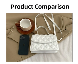 Detailed view of white quilted faux leather texture and gold metal buckle on a handbag