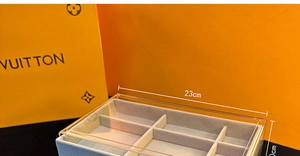 Three-layer clear acrylic jewelry box with six compartments and grey velvet lining 23x10cm