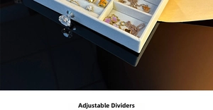 Detail showing jewelry tray with velvet lining, ring slots and adjustable dividers